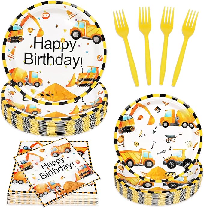 100 Pcs Construction Birthday Party Decorations, Construction Theme Plates and Napkins Forks Set, Disposable Dump Truck Tableware Set for Kids Boys Birthday Party Supplies, 25 Guests
