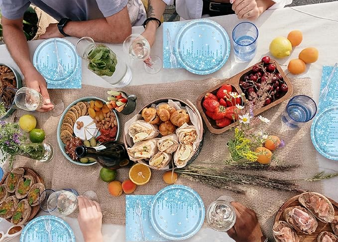 72 Pcs Blue Glitter Paper Plates 7in Disposable Paper Dessert Plates Napkins and Forks Party Tableware Set Decoration Supplies for Baby Shower, Christmas Blue Birthday Wedding Theme Party, Serve 24