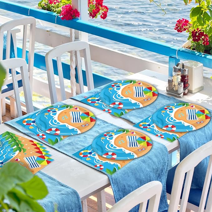 Qyeahkj 48Pcs Summer Beach Paper Plates and Napkins, Hawaiian Beach Theme Party Decorations, Hawaiian Pool Party Supplies, Summer Platters Disposable Tableware for Baby Shower Boys Girls Serves 24