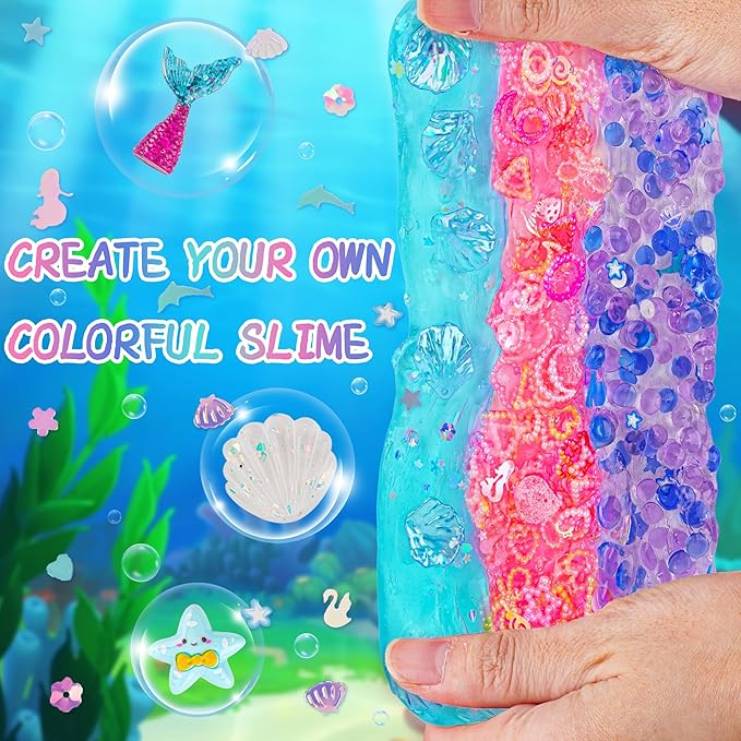 3 x 100mL Ocean Slime Kit for Girls & Boys: Mermaid Bead, Pink Crunchy & Blue Clear Slime, Sensory Experience DIY Slimes Set, Slimes Party Favors for Kids Birthday Easter Halloween Teens Gift