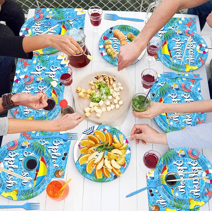 Splish Splash 96Pcs Bash Tableware Set - Pool Party Plates, Napkins, Dessert Plates for 24 Guests - Summer Beach Hawaiian Birthday Party Favors & Decorations