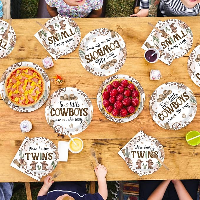 96Pcs Cowboys Twins Baby Shower Party Decorations Two Little Cowboys are On The Way Plates and Napkins Disposable Brown Wild West Tableware Set for Twins Boys Baby Shower Party Supplies Serves 24