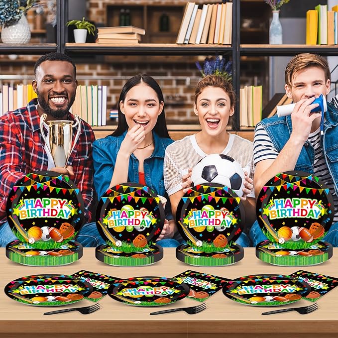 200 pcs Happy Birthday Party Plates and Napkins Kit Sports Themed Birthday Tableware Soccer Basketball Party Supplies For Baby Shower Sports Game Activities and Ball Fans Club celebrations Service 50