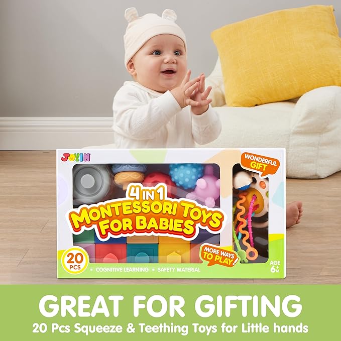 JOYIN Baby Toys - Montessori Toys for Babies, Food-Grade Sensory Present Infant Stacking Circles Teether, Blocks, 3D Stress Balls, Pull String, Learning Gifts for Baby Girls Boys