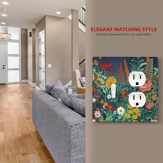 Decorative Switch Cover Plate with Wildflowers & Stars Botanical Floral Art Design Toggle Duplex Wall Plate 2 Gang Light Switch Cover Outlet Covers for Garden Theme Wall Decor