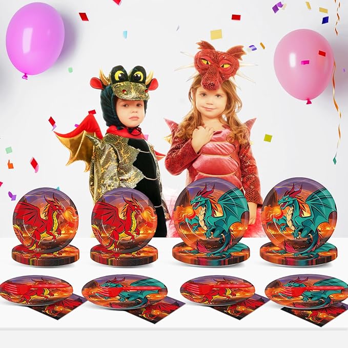96Pcs Dragon Party Plates and Napkins for Magical Birthday Supplies Dragon Themed Paper Dessert Plates Tableware Set for 24 Guests Boys Birthday Party Decorations