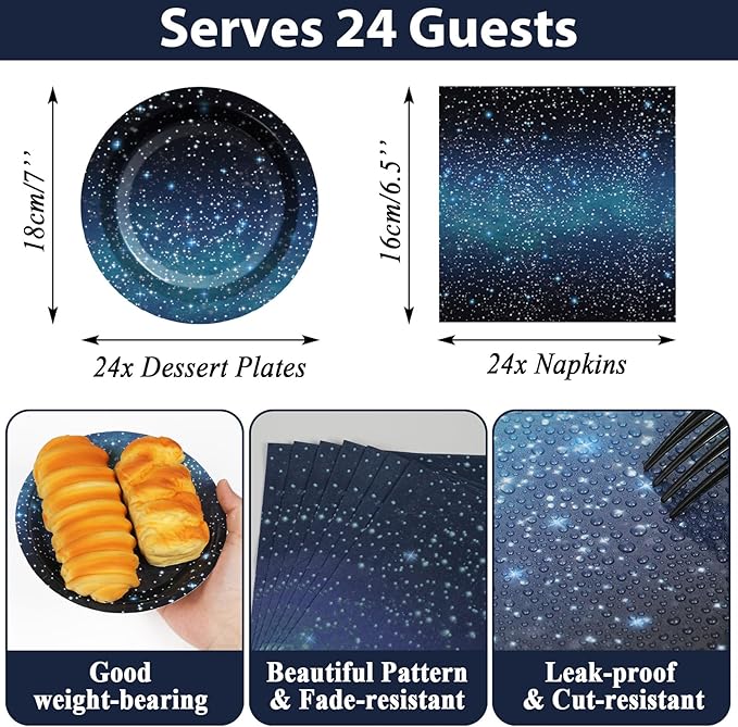 Galaxy Party Supplies Serves 24 Starry Night Party Paper Plates Napkins Space Theme Tablecloth Set Tableware Kit for Kids Birthday Party Baby Shower Dec