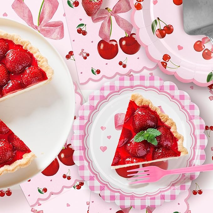 Cherry Party Plates and Napkins Supplies | 25 7inch Dessert Plates | 25 9inch Disposable Plates | 25 Napkins | 25 Forks | 1 Tablecloth for Birthday, Baby Shower,Summer Fruit 1st