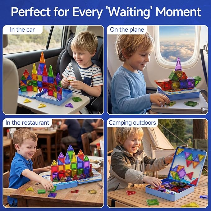 WMXDU 60 PCS Magnetic Tiles Travel Set for Kids, Portable Magnetic Building Blocks with Tin Box, Car Rides Airplane Road Trip Activities, Birthday Gift for Boys