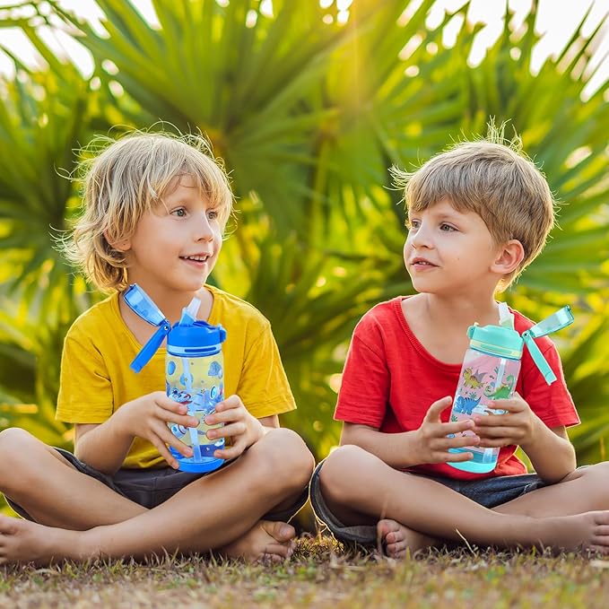 decalsweet Kids Water Bottle 20oz Durable Leak-Proof Plastic Water Cup for Kids Toddlers,With Straw Handle and Pop-Up Spout Cover,Safe for School Sports Daycare Travel & Camp Pack of 2