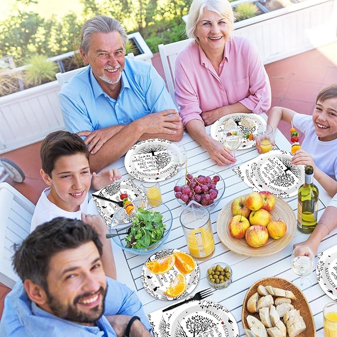 96 Pcs Family Reunion Birthday Party Plates and Napkins for Girls Black and White Family Tree Party Supplies Home Family Tree Leaves Paper Cake Dessert Tableware Set for 24 Guests Party Decorations