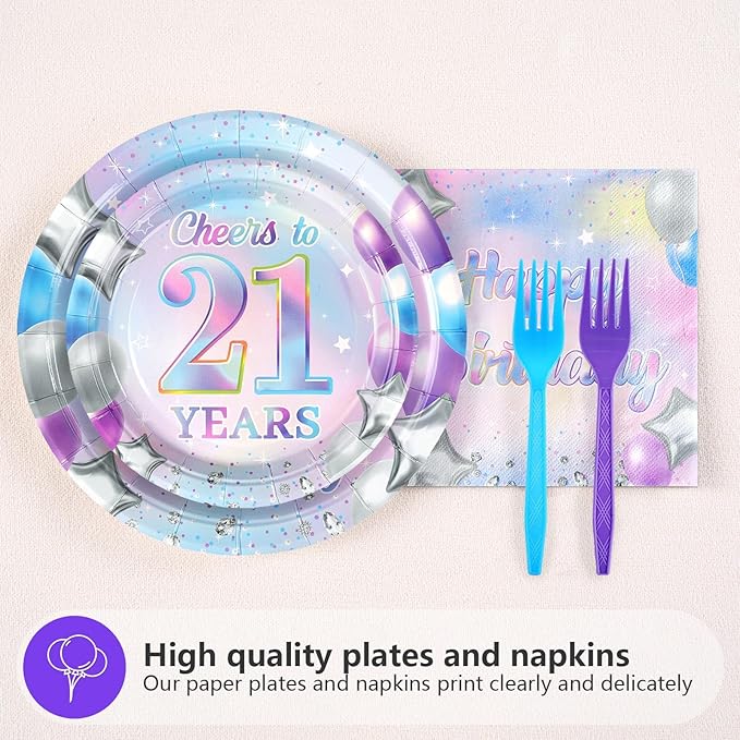 Grencian 96Pcs 21st Birthday Decorations Iridescent 21st Birthday Party Plates Disposable 350GSM Cheers to 21 Years Paper Tableware Set for Girls Women 21 Years Old Party Supplies Serves 24