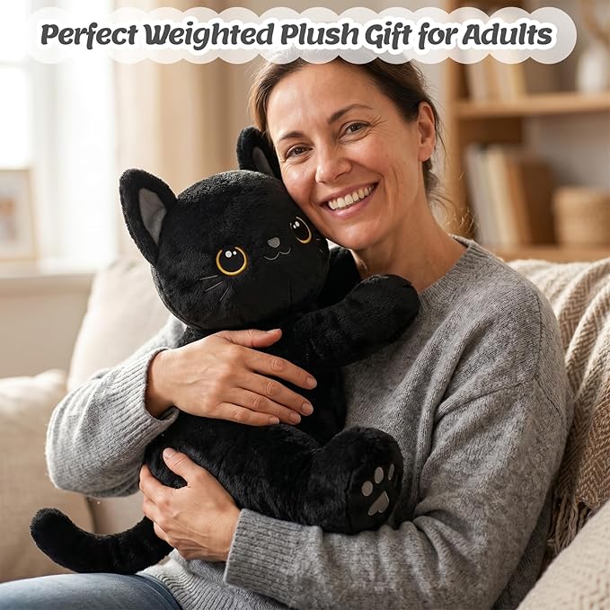 BRICHOEE 5lbs Weighted Stuffed Animals, Black Cat Plush Calming Weighted Black Cat Stuffed Animals, Cute Plush Toy Sensory Plushie Pillow Birthday Gifts for Adults Baby Kids Boys Girls