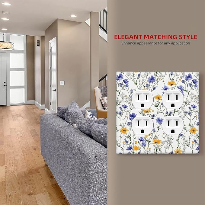 Outlet Covers Floral Colorful Green Leaf Wildflower 2 Gang Double Duplex Decorative Light Switch Covers Electrical Wallplates Socket Faceplate For Bed Room Living Room Decor