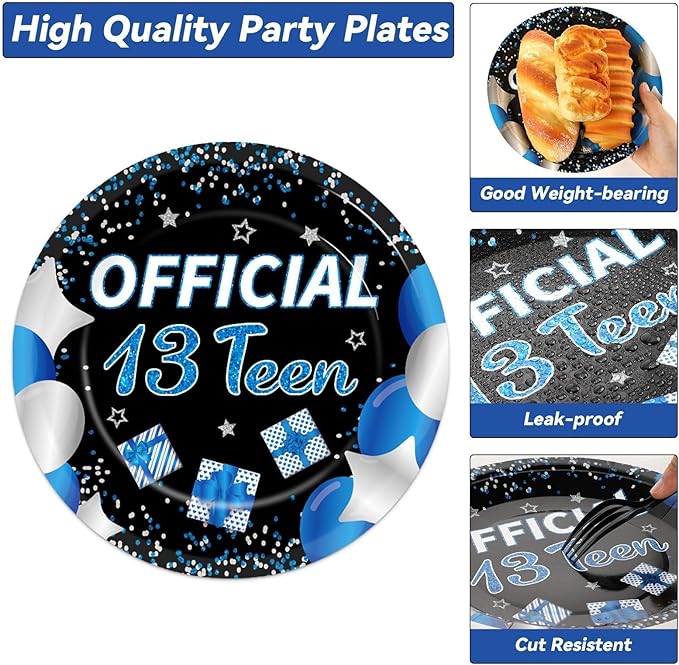 100 Pcs 13th Birthday Decorations for Boys Official Teen 13th Supplies Plates Napkins Forks Set Disposable Blue 13th Birthday Tableware Paper Plates Dinnerware for Kids Teenager Favors Serve 25