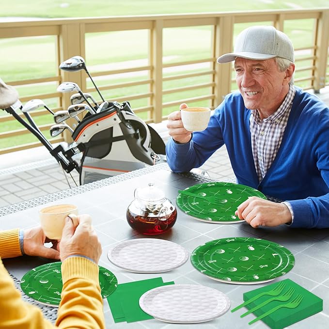 Qyeahkj 100 Pcs Golf Party Supplies Golf Ball Disposable Plates and Napkins Set Green White Sports Themed Paper Plates Dinnerware Kit for Sports Birthday Baby Shower Party Decorations Favors Serve 25