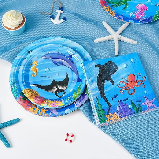 WERNNSAI Ocean Birthday Party Decorations - 48 Pcs Shark Theme Party Decorations Ocean Party Plates and Napkins for Kids Boys Under The Sea Birthday Baby Shower Party Serve 16 Guests