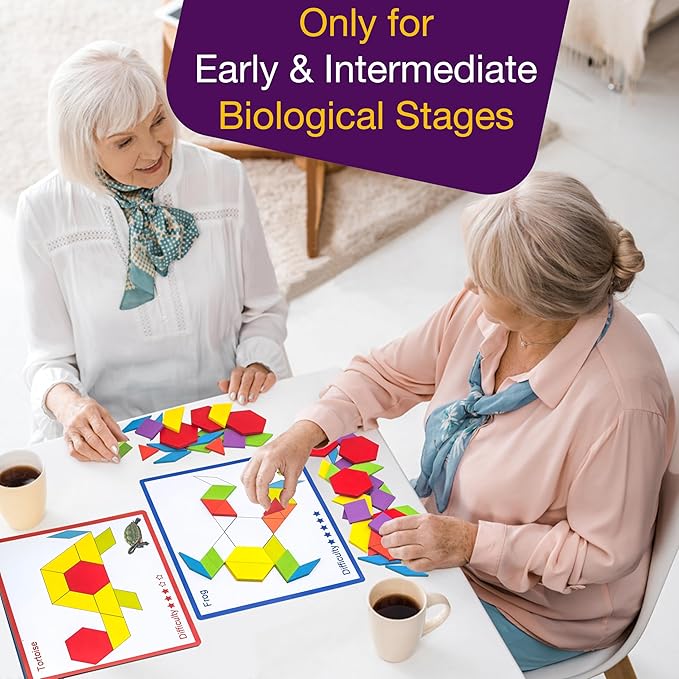Memory Care Activities for Seniors, Wooden Cognitive Games for Elderly, 80 Pieces Tangram Puzzles for Alzheimer and Dementia Patients, Large Wooden Colorful Shape Pattern Matching Board Gifts (Hard)
