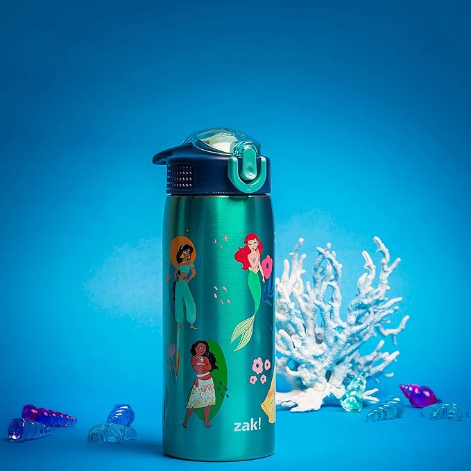 Zak Designs Disney Princess Water Bottle for Travel and At Home, 19 oz Vacuum Insulated Stainless Steel with Locking Spout Cover, Built-In Carrying Loop, Leak-Proof Design (Disney Princess)