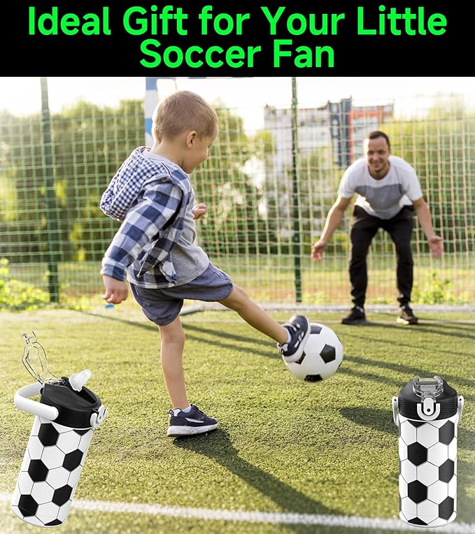 MYFOREST 14oz/400ml Insulated Kids Water Bottle, Odor-Free Surgical Grade Liner, Dishwasher-Safe, Name Spot, Soft Sipper, Gift for Sports Fan (Soccer)