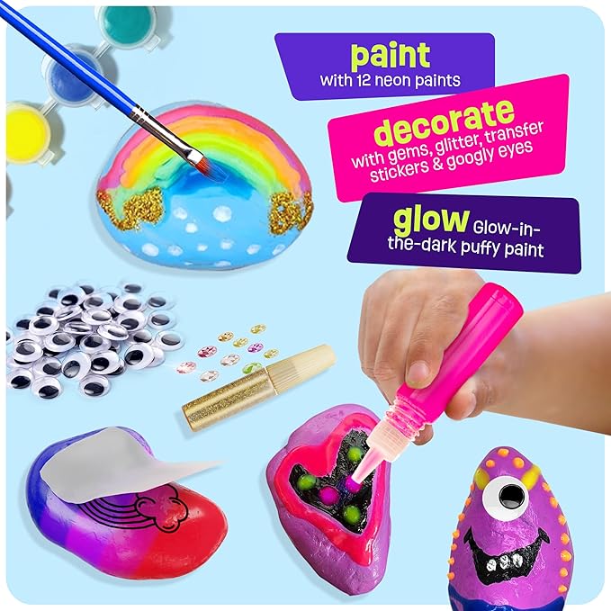 Dan&Darci Kids Rock Painting Kit - Glow in The Dark - Gifts Arts & Crafts for Boys and Girls Ages 6-12 - Craft Activities Kits - Creative Art Toys for 6, 7, 8, 9, 10, 11 & 12 Year Old Kid