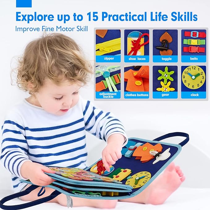 hahaland Busy Board for Toddlers - Montessori Toys Preschool Learning Activities with Life Skills, Alphabet, Number, Shape, Color, Animal, Weather - Toddler Boy Learning Educational Toys, Travel Toys