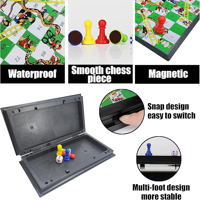 KIDAMI Mini Magnetic Snakes and Ladders Board Game Set, Folding Portable Design and Light-Weight, Travel Game Set Gift for Kids Toddlers (7.64 × 7.64 inches)
