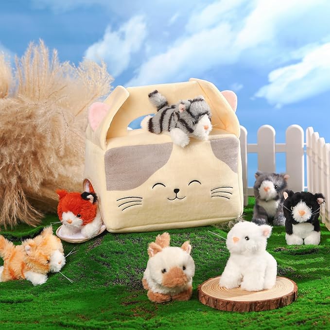 Blueweenly 8 Pcs Small Cat Stuffed Animal Set Plush House with 7 Fluffy Kitten Toys Stuffed Cats for Kids Birthday Gifts Pet Party Favors