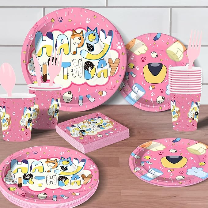 Pink Cartoon Puppy Themed Party Supplies for 24 Guests,Pink Dog Birthday Decorations Disposable Tableware Set With Plates, Cups, Napkins & Cutlery For Kids Child Themed Birthday Party