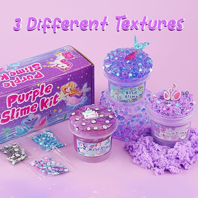 3 x 100mL Purple Slime Kit for Girls & Boys: Includes Cloud, Water & Mermaid Crunchy Slime, Sensory Experience DIY Slimes Set, Slimes Party Favors for Kids Birthday Easter Halloween Teens Gift