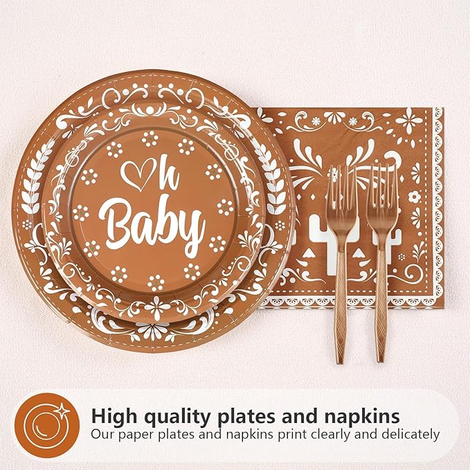 Grencian 96 Pcs Cielito Lindo Baby Shower Decorations Brown Mexican Theme Plates and Napkins Tableware Sets Cielito Lindo Decorations for Cinco de Mayo Boys Girls Baby Shower Party Serves 24