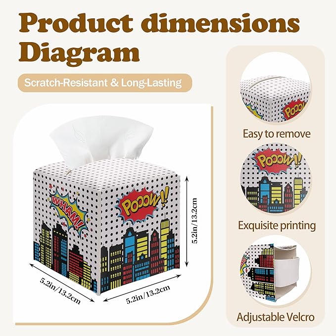 Superhero Comic Cityscape Square Leather Tissue Box Cover – Pow! Superhero Themed Facial Paper Organizer, for Kids & Superhero Fans, Decor for Bathroom, Party & Baby Shower