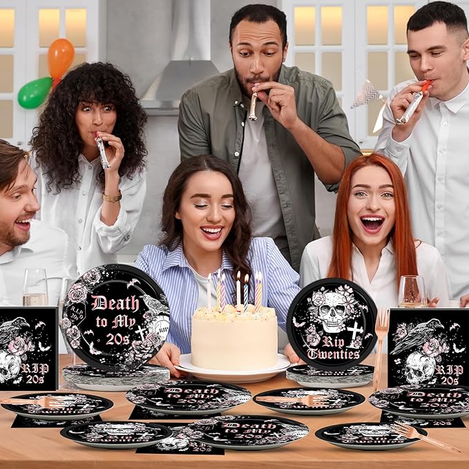 Qyeahkj 100 Pcs 30th Birthday Party Supplies Death to My 20s Paper Plates and Napkins Set Disposable Black Rose Gold Rip to My 20s Tableware Decorations for Women Funeral Youth Party Serve 25 Guests