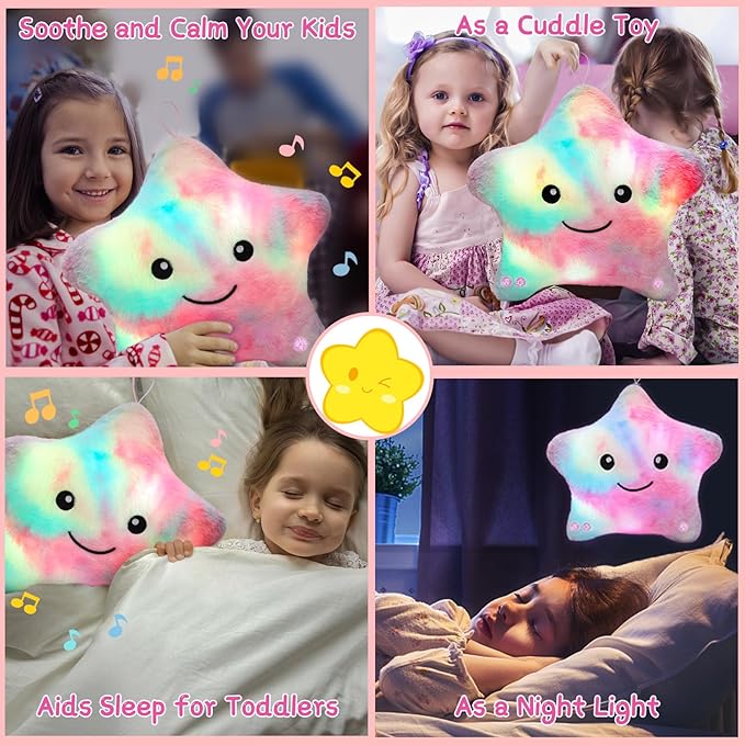 Subao Sensory Toys for Toddlers,14" Toddler Pillow with Light & Music,Plush Star Night Light for Kids Autism Sensory Products,Birthday Xmas Easter Gifts for 3 4 5 6 7 8 9 10 Year Old Girls Colorful