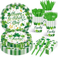 175 Pcs St. Patrick's Day Tableware Set - Serves 25, Green Lucky Shamrock and Plaid Disposable Plates, Cups, Napkins, Forks, Spoons, Knives for St. Paddy's Day, Irish-Themed Birthday Party Supplies