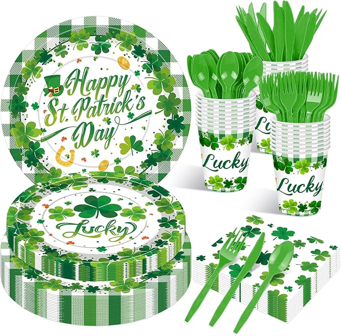 175 Pcs St. Patrick's Day Tableware Set - Serves 25, Green Lucky Shamrock and Plaid Disposable Plates, Cups, Napkins, Forks, Spoons, Knives for St. Paddy's Day, Irish-Themed Birthday Party Supplies