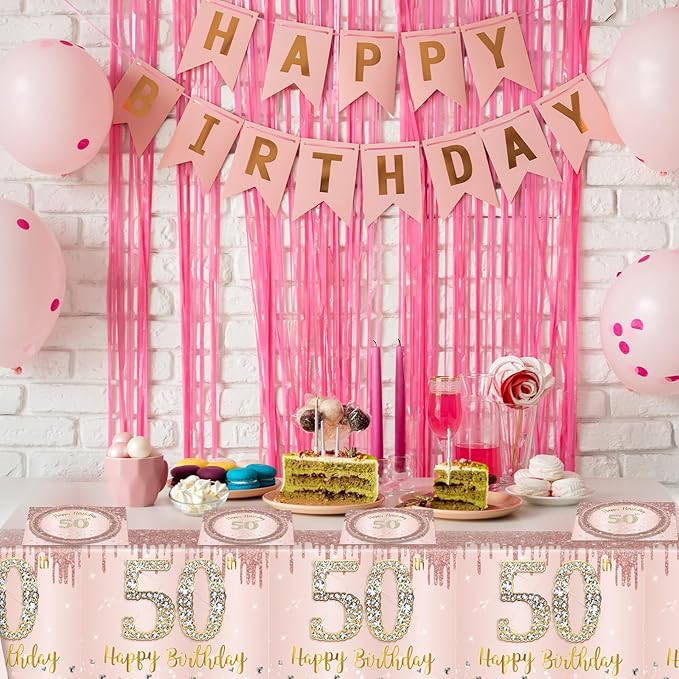 Ryzovo 41Pcs 50th Birthday Decorations, Rose Gold Birthday Party Supplies Include 20Pcs Plates 20Pcs Napkins and 1Piece Tablecloth, Sweet Fifty Year Old Birth Party Tableware for Girl Ladies Women