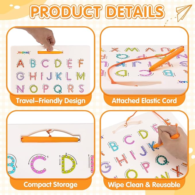 FINDMAG Magnetic Alphabet Board, 2 in 1 Magnetic Letter Drawing Board for Toddler, Double Sided Letter Tracing Boards Preschool Handwriting Learning Tools, Reusable Educational Learning Gifts for Kids
