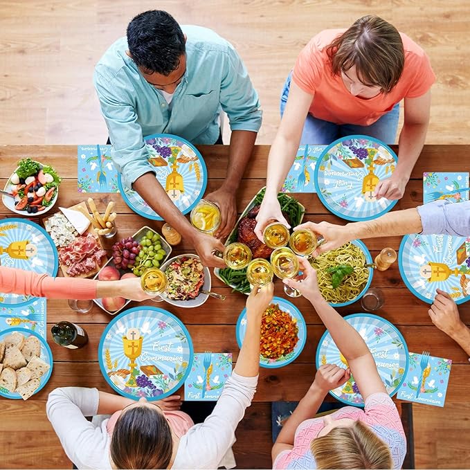 200Pcs Blue Baptism Plates and Napkins, First Holy Communion Party Decorations Supplies for Boys God Bless Christening Celebration Party Baby Shower Disposable Tableware Set, Serves 50