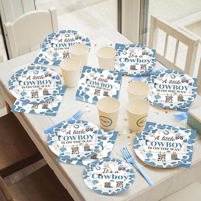 OBUSATT 96 Pcs Western Cowboy Baby Shower Paper Plates and Napkins Party Supplies Western Birthday Tableware Set A Little Cowboy is on the Way Party Decorations Favors for Boys Baby Shower Serves 24