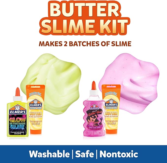 Elmer's Butter Slime Kit, Includes Glow in the Dark and Glitter Glue, Slime Activators, Washable, Safe, Nontoxic, 4 Piece Kit - Ideal for Kids, Activity Time, Classroom, Party, Gifts (Pack of 2)