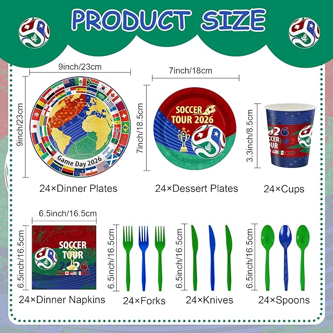 2026 Soccer Tour Disposable Party Supplies Serves 24, 168 Pieces International Flag Tableware Set with Plates Cups Napkins Cutlery, Ideal for Soccer Fans Birthday & Game Day Celebrations