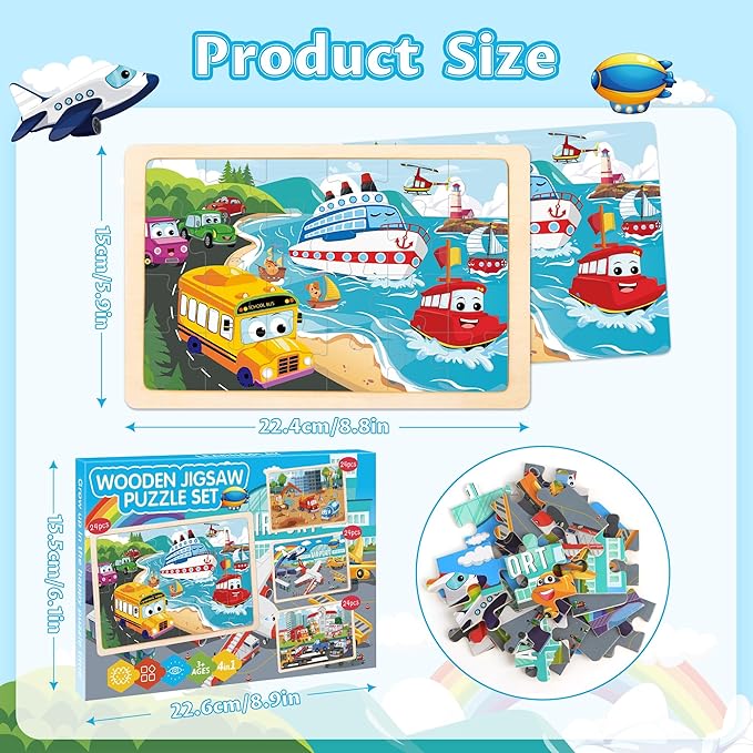 Wooden Puzzles for Kids Ages 3-5, 4 Packs Puzzles for Kids Ages 4-6, 24-Piece Truck Vehicle Wood Jigsaw Puzzles for Toddlers 3-5,Preschool Educational Toys Gifts for Children Ages 4-8 Boys (Vehicle)