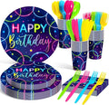 Meanplan Serves 24 Guests Neon Happy Birthday Party Plates and Napkins Neon Glow Birthday Tableware Set Let's Glow Party Decorations for Kids Included Cups Knives Forks Spoons Total 168 Pcs