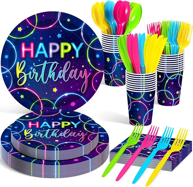 Meanplan Serves 24 Guests Neon Happy Birthday Party Plates and Napkins Neon Glow Birthday Tableware Set Let's Glow Party Decorations for Kids Included Cups Knives Forks Spoons Total 168 Pcs
