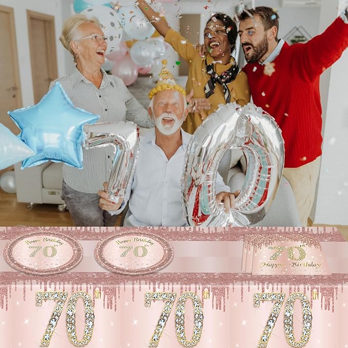 Ryzovo 41Pcs 70th Birthday Decorations, Rose Gold Birthday Party Supplies Include 20Pcs Plates 20Pcs Napkins and 1Piece Tablecloth, Sweet Seventy Year Old Birth Party Tableware for Girl Ladies Women