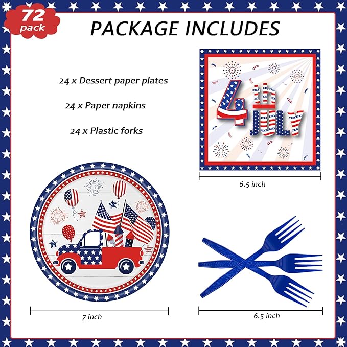 72 Pcs Patriotic Paper Plates American Flag Party Dessert Plates Napkins Forks Tableware Set Disposable Party Decoration Supplies for Labor Day 4th of July Independence Day Election Day, Serve 24