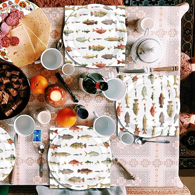 40pcs Gone Fishing Birthday Plates And Napkins Party Supplies - Fish Party Decorations Tableware, little Fisherman Fishing Birthday Baby Shower Decorations Serve 20