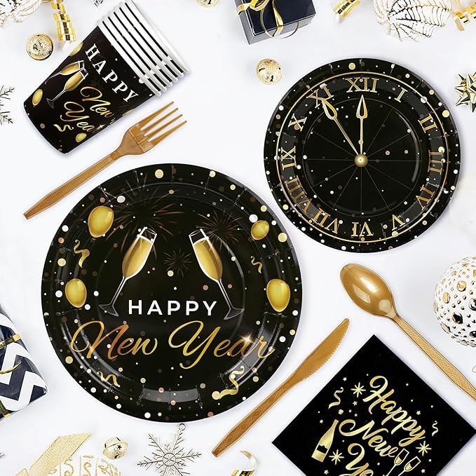 168pcs Happy New Year Party Supplies, Black and Gold Paper Plates Napkins Cups and Gold Cutlery for 24 Guests, 2026 New Year Disposable Tableware Supplies for Party Decorations