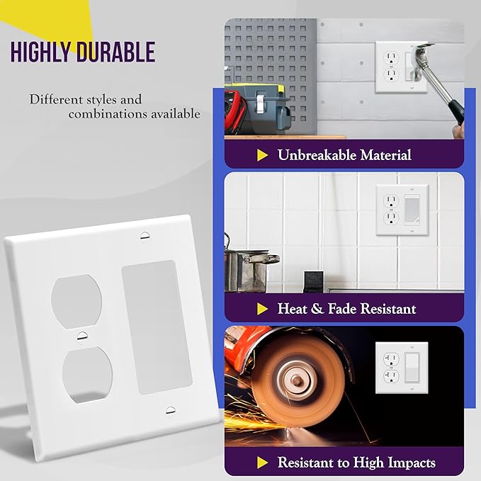 ENERLITES Combination Duplex Receptacle Outlet/Decorator Rocker Light Switch Wall Plate Cover, Standard Size 2-Gang 4.50" x 4.57", Polycarbonate Thermoplastic, UL Listed, 882131-W, White, 2 Pack
